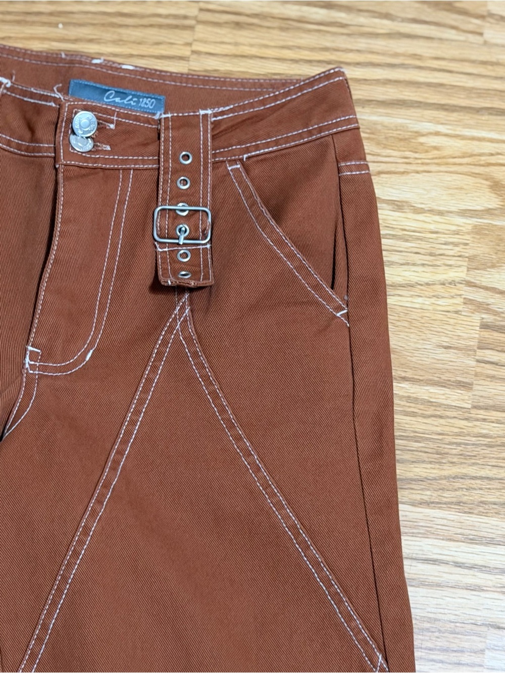 Cali 1850 Women’s Brown Contrast Stitch Buckle Pants Size 3 Y2K Wide Leg - Picture 5 of 15